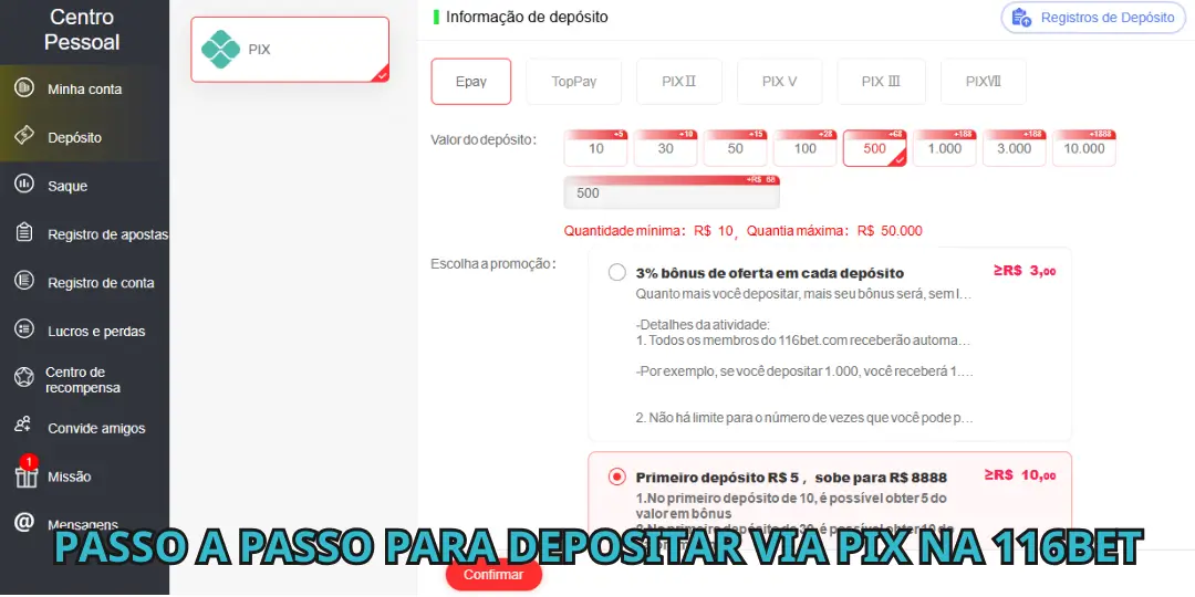 PASSO A PASSO PARA DEPOSITAR VIA PIX NA 116BET